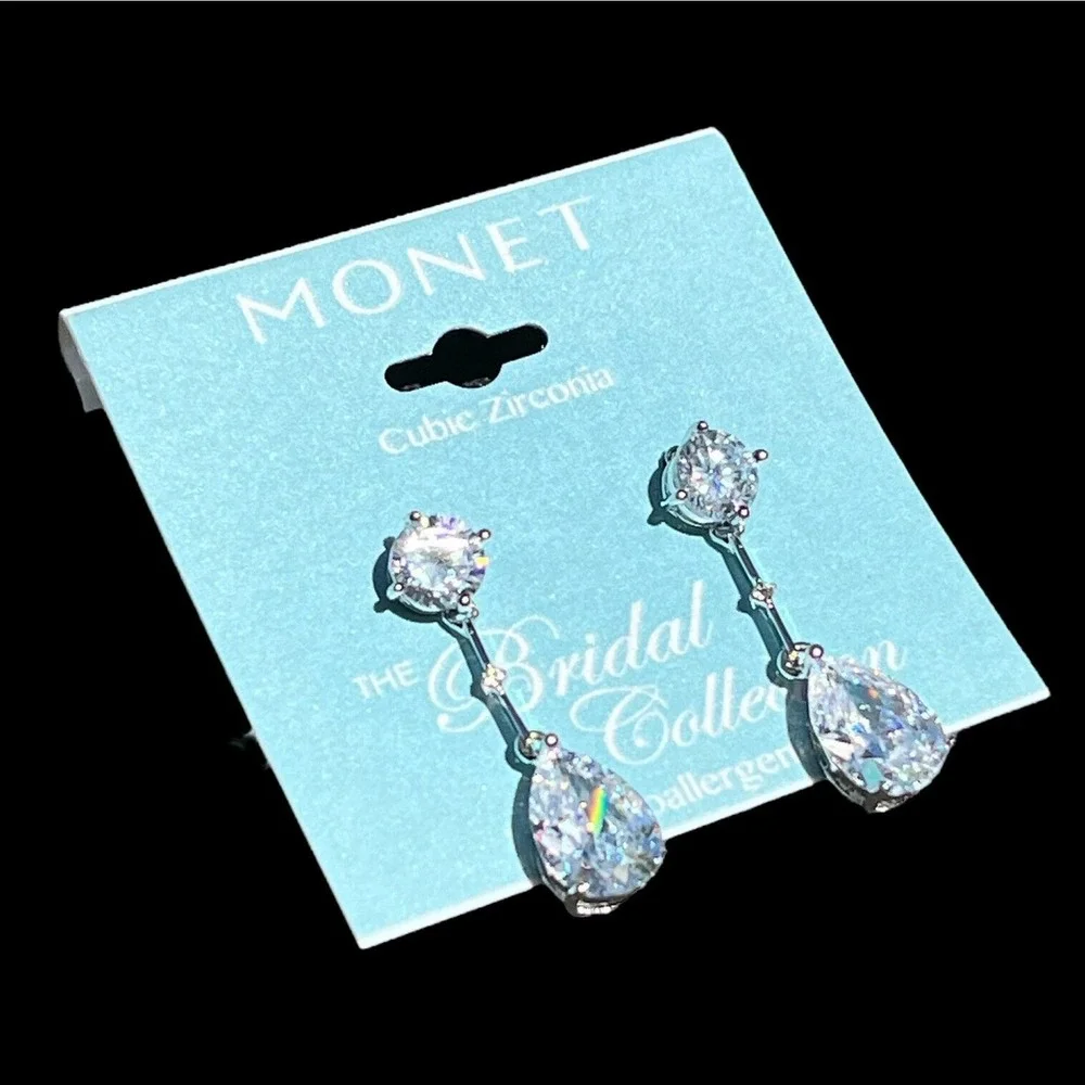 Monet Pear Shape Drop Earrings CZ Glam Wedding Holiday‎ Bride Elegant Bling